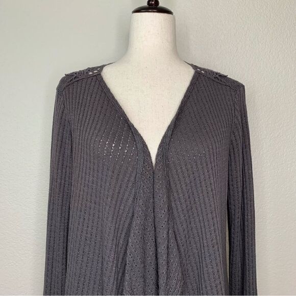 Knox Rose Boho Crochet Back Gray Open Front Cardigan - Picture 3 of 12